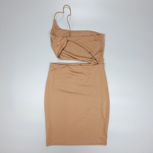 NEW Princess Polly Mia Asymmetric One Shoulder Cut Out Mini Dress Tan Brown US 2 - Picture 2 of 6